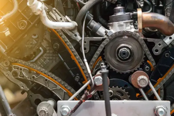 Widok mechanizmu rozrządu w silniku diesla. Zastanawiasz się, jak często wymieniać rozrząd w dieslu? Ten obraz pokazuje skomplikowany układ łańcuchów i kół zębatych.