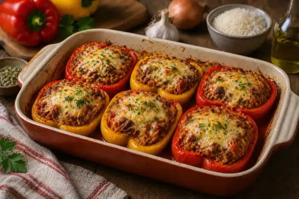 Poivrons farcis au fromage fondant, prêts à être dégustés. Un plat réconfortant et savoureux.