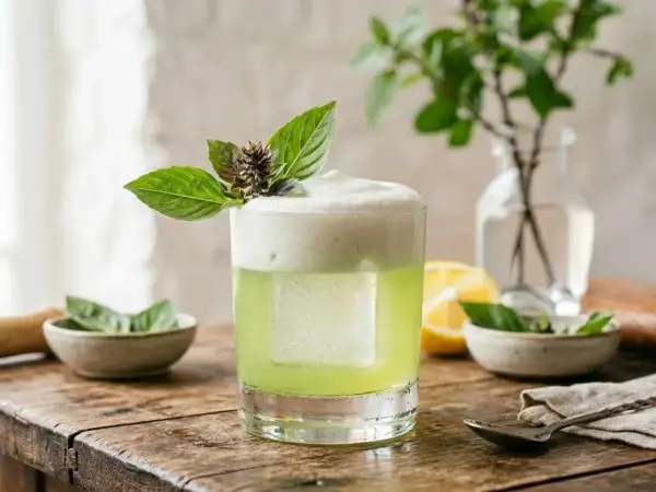 En uppfriskande thai basil drink med skummig topp, garnerad med färska basilika. En perfekt sommardrink.