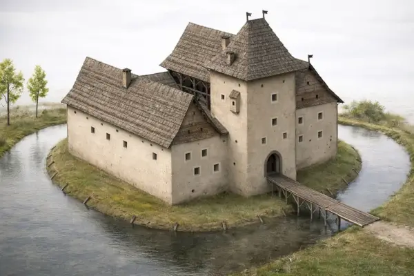 Kamienny zamek otoczony fosą, z drewnianym mostem. Chudów atrakcje historyczne zapraszają do odkrycia tajemnic przeszłości.
