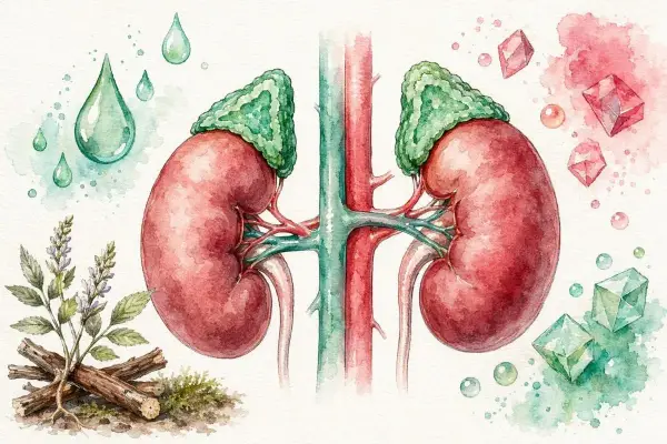Reni con ghiandole surrenali, gocce, cristalli e radici di liquirizia, suggerendo un equilibrio ormonale, forse legato al cortisolo basso.