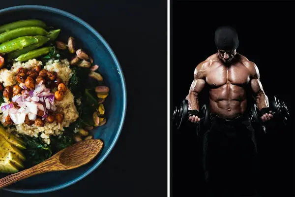 Gesunder Quinoa-Salat und ein Mann mit beeindruckender Muskelmasse, der Hanteln stemmt.