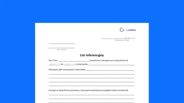 List referencyjny - wzór dokumentu do wypełnienia przez pracodawcę, zawierający dane pracownika, okres zatrudnienia i opis obowiązków.