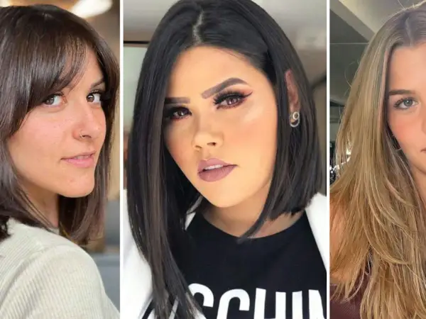 Tres mujeres con diferentes cortes de pelo, ideales como cortes de pelo para cara redonda: bob asimétrico, melena con capas y flequillo.