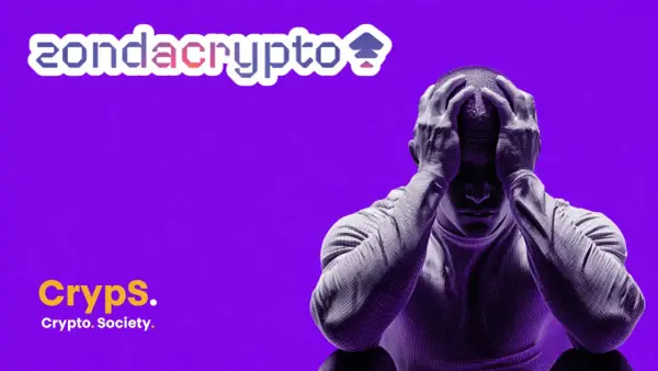 Zondacrypto i Cryps. Crypto. Society. na fioletowym tle. Mężczyzna w siatce 3D trzyma się za głowę, symbolizując stres związany z rynkiem kryptowalut, być może z powodu wahań wartości znd token.