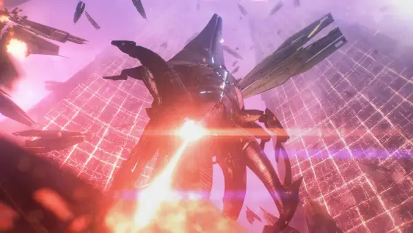 Ogromny statek wroga na tle sieci energetycznej, otoczony mniejszymi jednostkami. Scena przypomina jedno z **mass effect 3 zakończenia**.