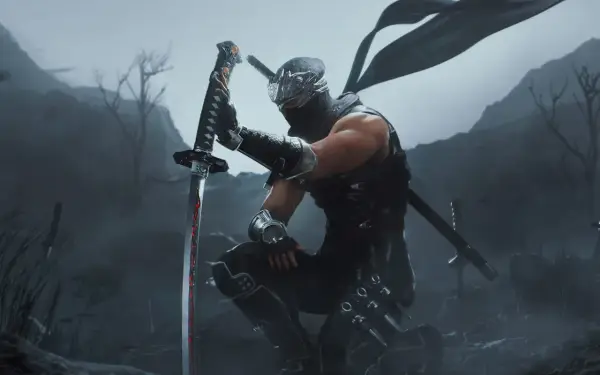 Ryu Hayabusa z Ninja Gaiden Black na Xbox, klęczący z mieczem w dłoni, w mrocznym, mglistym krajobrazie.