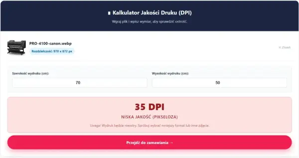 Kalkulator jakości druku (DPI) pokazuje 35 DPI dla wydruku 70x50 cm, co oznacza niską jakość.