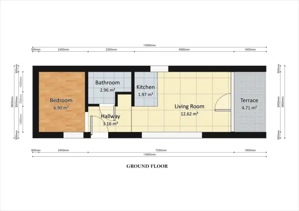 Plan mieszkania na parterze: sypialnia, łazienka, kuchnia, salon, korytarz i taras.