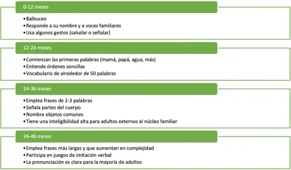 Tabla de hitos del desarrollo del lenguaje en niños, desde balbuceo hasta frases complejas. Útil para detectar retraso en el desarrollo del lenguaje.