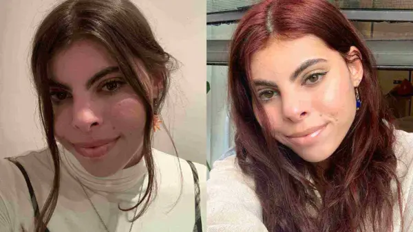 Antes y después: cómo quitar un tinte rojo para poner un castaño. Mujer con cabello castaño y luego con cabello rojo.
