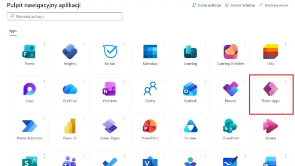 Widok pulpitu nawigacyjnego aplikacji, gdzie wyróżniono ikonę Power Apps.