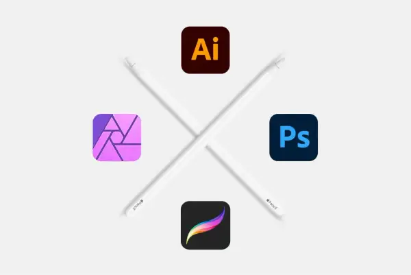 Iconos de programas de diseño gráfico como Adobe Illustrator, Photoshop, Affinity Designer y Procreate, junto a lápices digitales. ¡Explora opciones de programa diseño gráfico gratis!