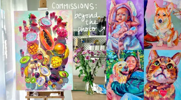 Vibrant paintings of a baby, dog, cat, woman with dog, and fruit display the work of unique portrait artists.