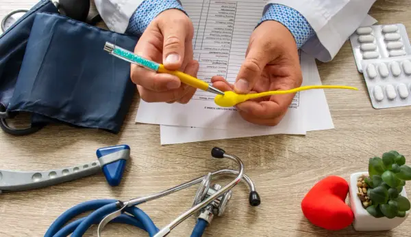 Lekarz analizuje formularz medyczny, trzymając model plemnika i długopis. Na stole leżą stetoskop, ciśnieniomierz, młoteczek neurologiczny i leki, sugerując dyskusję o skutkach ubocznych wazektomii.
