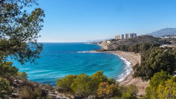 Vista panorámica de la playa del Torres, con aguas turquesas, arena, árboles y edificios en la colina.