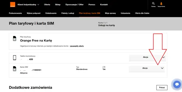 Na stronie Orange widać plan taryfowy "Orange Free na Kartę" oraz szczegóły karty SIM. Możliwe, że jest to duplikat karty SIM.