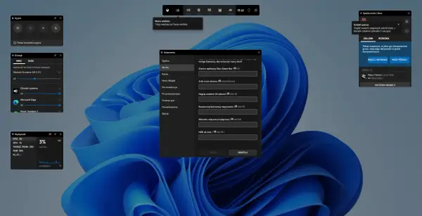 Ustawienia nagrywania ekranu Windows 10 w menu skrótów. Widoczne okna z dźwiękiem, wydajnością i aktywnością Xbox.