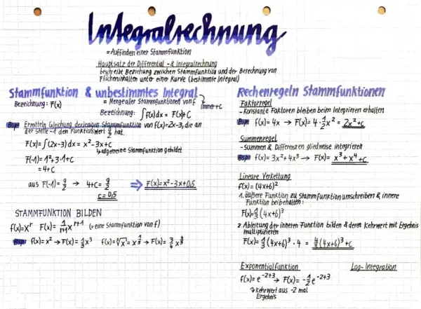 Stammfunktionen: Integralrechnung, Hauptsatz, Faktorregel, Summenregel, lineare Verkettung, Exponentialfunktion.