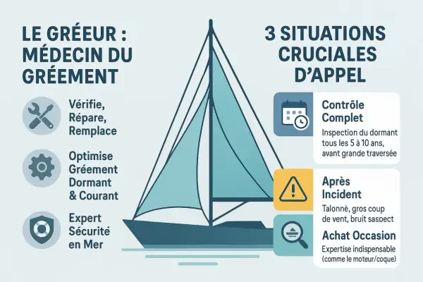 Le gréement d'un voilier, comme un sloop fractionné, nécessite un entretien régulier. Le gréeur vérifie, répare et optimise le gréement dormant et courant pour la sécurité en mer.