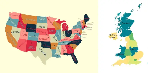 Mapa USA i Wielkiej Brytanii. Na mapie Wielkiej Brytanii widać Szkocję, Walię, Anglię i Irlandię Północną, pokazując gdzie leży Wielka Brytania.