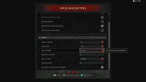 Ustawienia gry Diablo 4: język dialogów wybrany na angielski, choć polski dubbing jest dostępny.