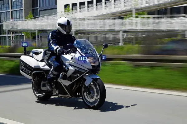 Policyjny motocykl BMW F800GT z włączonymi sygnałami świetlnymi pędzi po drodze.