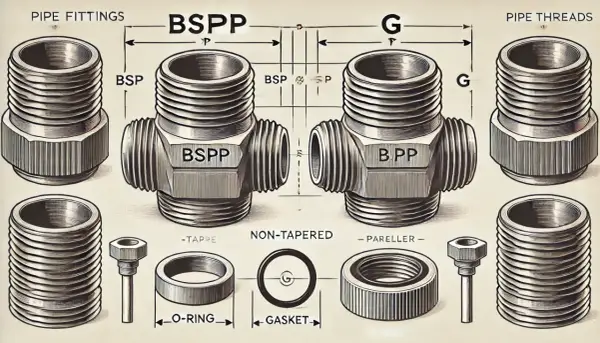 Detalle de accesorios de tubería, incluyendo un acoplador BSPP y un acoplador G, con medidas y componentes como juntas y o-rings.