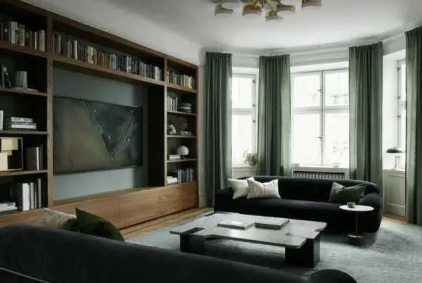 En elegant bokhylla inspiration med mörk träinramning, inbyggd TV och konstverk. Gröna gardiner ramar in fönstren i ett stilrent vardagsrum.