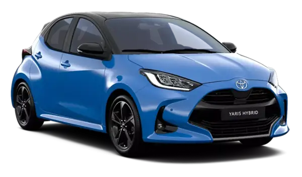 Niebieski Toyota Yaris Hybrid z czarnym dachem. Poznaj jego kompaktowe toyota yaris wymiary, idealne do miasta.