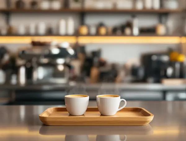 Dwie białe filiżanki parującego espresso na drewnianej tacy. Idealne proporcje dla miłośników kawy.