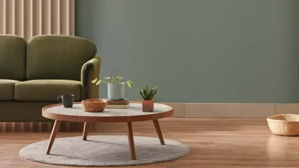 Gemütliches Wohnzimmer mit Sofa, Couchtisch und Pflanzen. Die Einrichtung ist in **neutralen Farben** gehalten, was eine beruhigende Atmosphäre schafft.