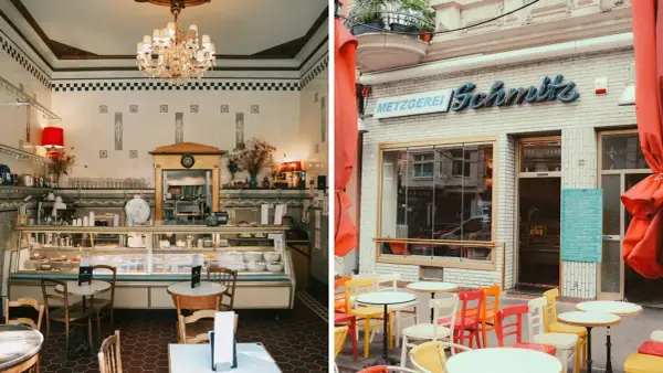 Gemütliche Cafés im Belgischen Viertel: Ein Blick in ein charmantes Interieur und die bunte Außenterrasse der Metzgerei Schmitz.
