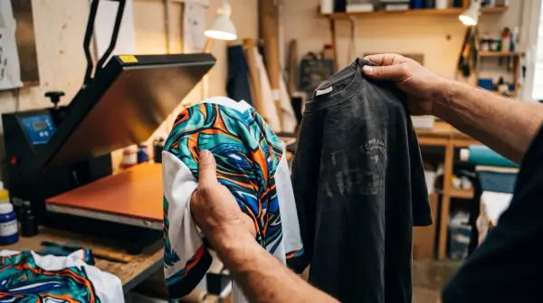 Un t-shirt avec un motif all over coloré est comparé à un t-shirt gris usé, prêt pour l'impression.