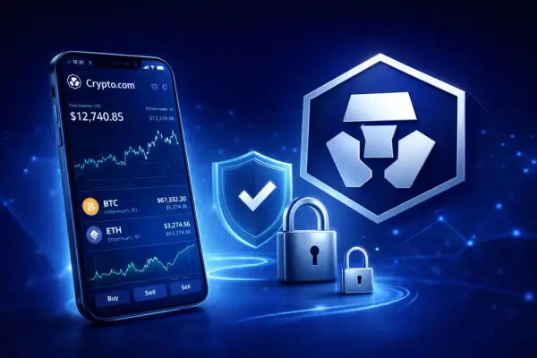 Telefon z aplikacją Crypto.com pokazuje saldo i wykresy kryptowalut. Obok logo Crypto.com i symbol bezpieczeństwa.