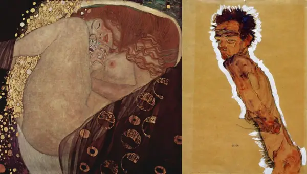 Dwie prace: "Pocałunek" Gustava Klimta, austriackiego malarza, i ekspresyjny portret mężczyzny autorstwa Egona Schiele.