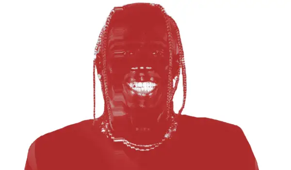 Travis Scott lächelt breit, seine Zöpfe fallen ihm über die Schultern. Ein roter Farbton überzieht das Bild, das an sein neues Album erinnert.