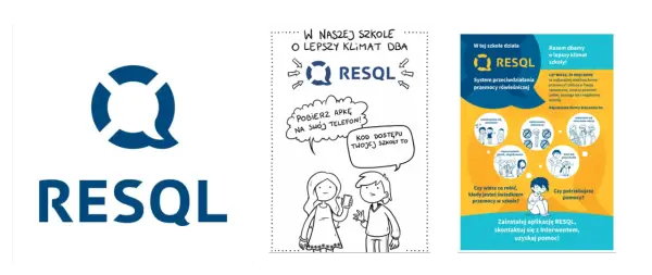 Logo RESQL i rysunki dzieci, jedno z telefonem, drugie z chmurką dialogową.