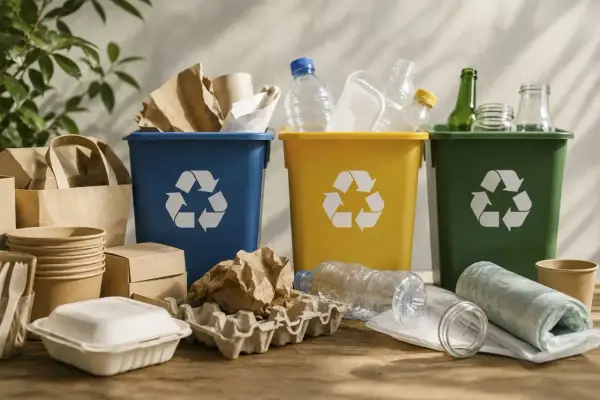 Segregacja odpadów: niebieski kosz na papier, żółty na plastik, zielony na szkło. Nawet hutniczy produkt odpadowy może znaleźć nowe życie.