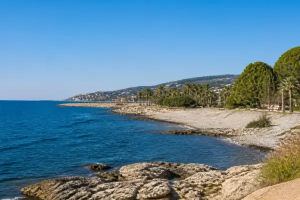 Côte rocheuse et mer bleue près d'une ville côtière en Italie, Imperia, avec des palmiers et des pins.
