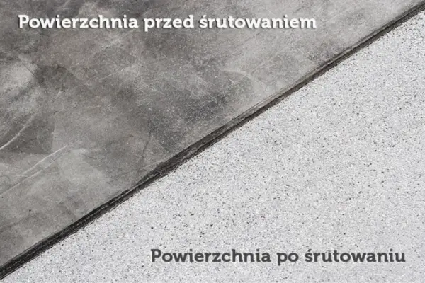 Beton przed i po groszkowaniu. Gładka powierzchnia po lewej, chropowata po prawej.