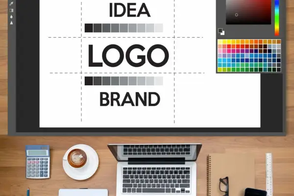Schizzo di un logo e brand, con palette colori e strumenti di design. Perfetto per consulenza moda.