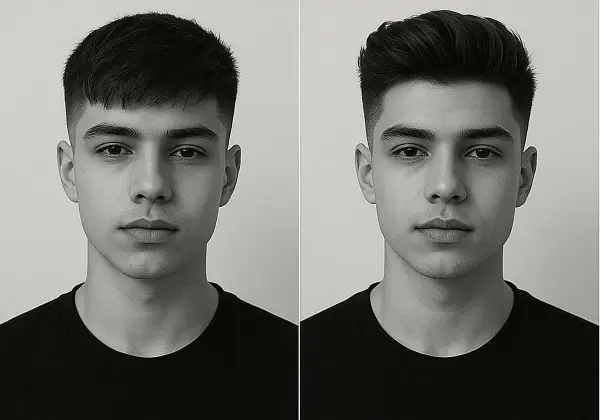 Dos estilos de peinado para hombre: un corte corto y moderno con flequillo recto, y otro con volumen y degradado. ¡Ideas para los mejores cortes de pelo hombre!