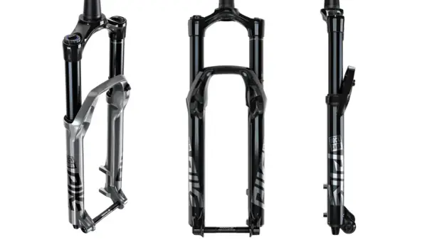 Three views of the RockShox Pike Ultimate fork, ready for a review.