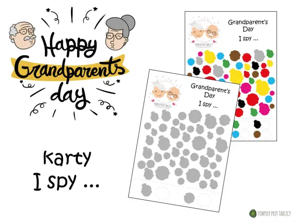 Happy Grandparents Day" hasła i karty "I spy" z podobiznami babci i dziadka. Idealne na dzień babci po angielsku.