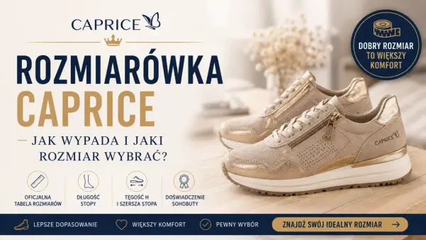 Złote sneakersy Caprice. Tabela rozmiarów pomoże dobrać idealny rozmiar, np. rozmiar 42 5 ile to cm, dla większego komfortu.