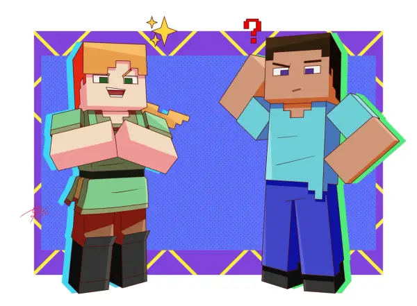 Alex z Minecrafta, z pomarańczowymi włosami i zieloną koszulką, cieszy się, podczas gdy Steve z niebieską koszulką drapie się po głowie z pytajnikiem nad nim.