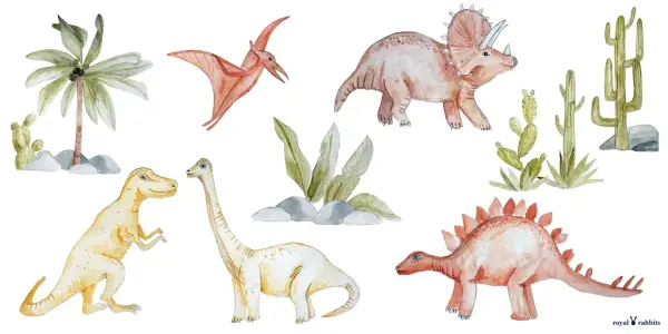 Urocze naklejki na ścianę dinozaury: T-Rex, Triceratops, Diplodok, Pterodaktyl i Stegozaur wśród palm i kaktusów.