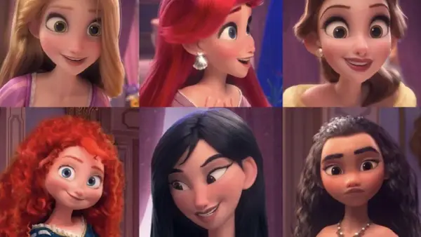 Seis princesas Disney modernas: Rapunzel, Ariel, Bella, Mérida, Mulán y Moana, cada una con su estilo único.