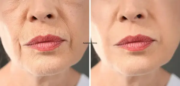 Przed i po zabiegu: widoczne wygładzenie zmarszczek przy ustach, poprawa tekstury skóry.